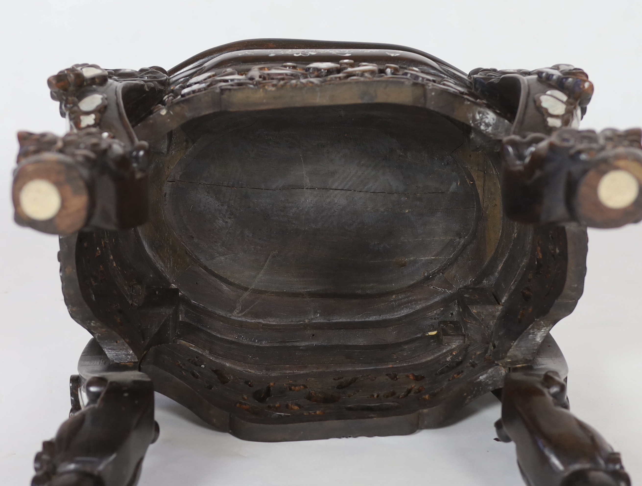 A Chinese hongmu and mother-of-pearl inlaid stool or stand, mid 20th century